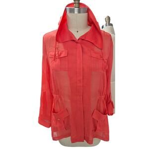 Chico's Orange Sheer Polyester Jacket Tie Waist Textured Button Up Sz 1( S/M)
